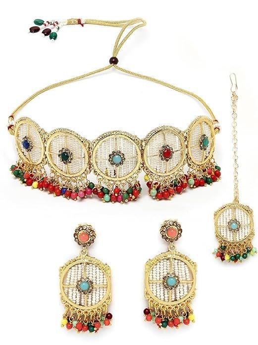 Sukkhi Charming Circular Gold Toned Plated Necklace Set With Earring And Maangtika | Jewellery Set For Women.