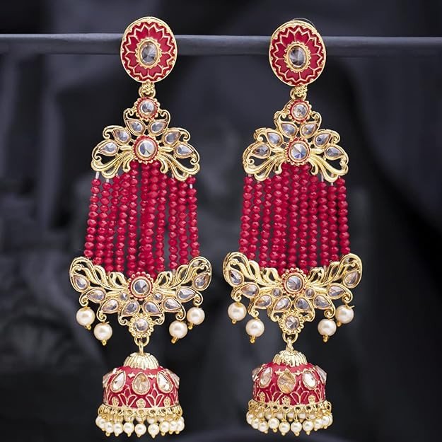 Attractive Pearl Gold Plated Kundan Meenakari Jhumki Earring for Women (SKR85746)