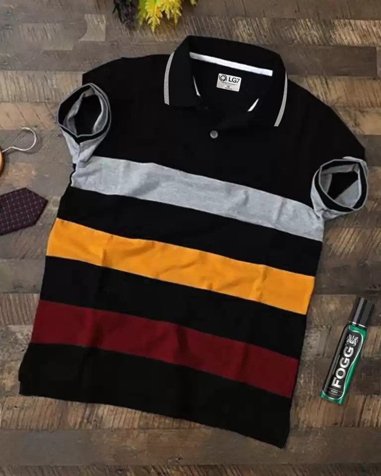 L G Garments Trendy Cotton Rich Blend Striped Polo Neck T-Shirt for Men Multi-Colour (S , M , L , XL , XXL)