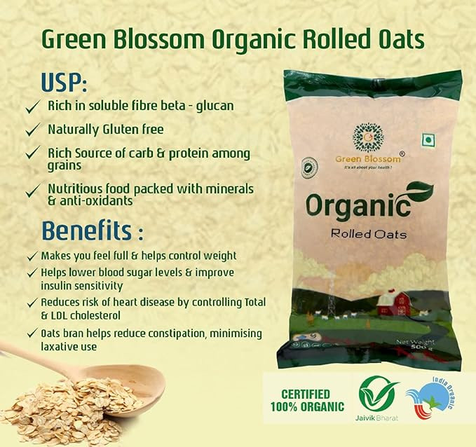 Green Blossom Natural Organic Flaked Rolled Oats - 500g | High Fiber | Gluten-Free Oats with High Fiber | Protein Rich Breakfast | Weight Management