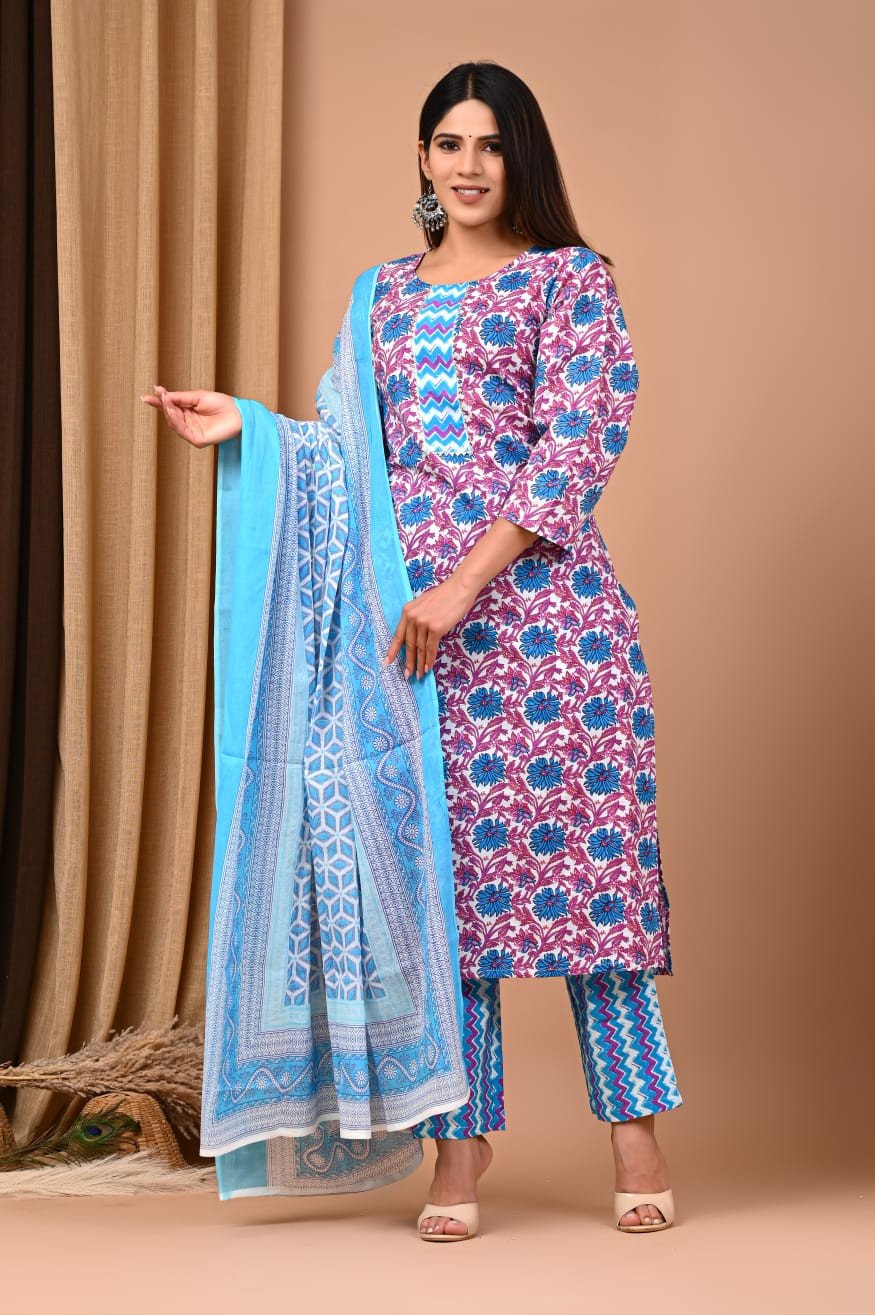 Bagru Handblock Printed Designer Cotton Suit With Mulmul Duptta - Multi Colour | Cotton Churidar Full Set
