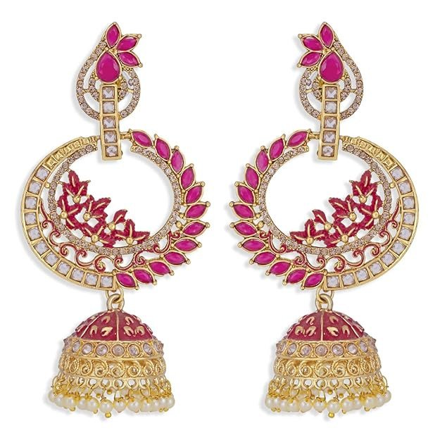 Splendid Pearl Gold Plated Kundan Meenakari Jhumki Earring for Women