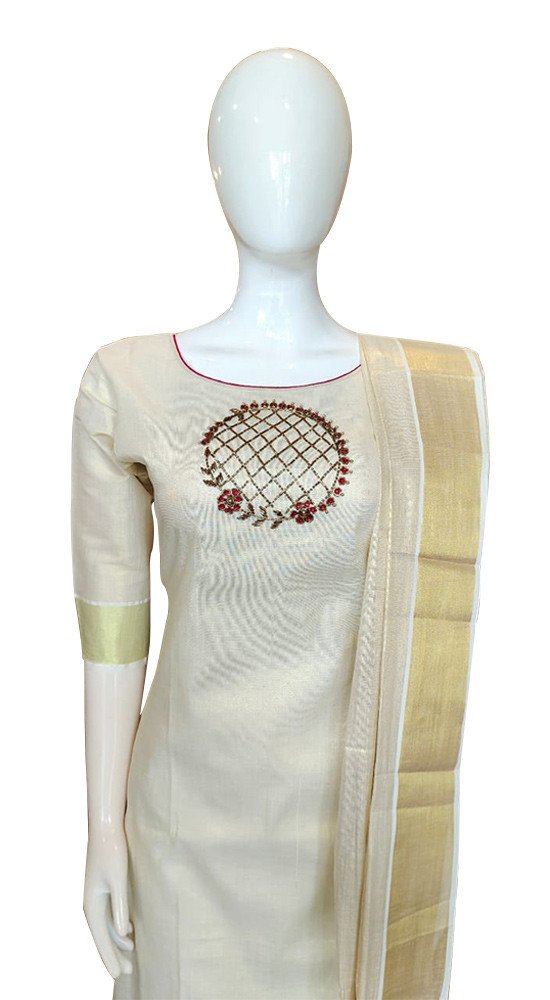 Avanika Collection's Attractive & Stylish Tissue Pure Cotton Kerala Traditional Churidar Full Set - (Tissue Dupatta With Bead Work) | Kerala Traditional Salwar Set