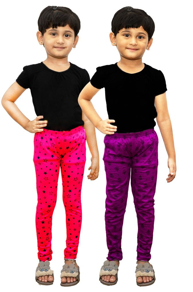 AFRA Garments Solid Kid's Stylish Attractive Pure Cotton Printed Multi-coloured Leggings 2 Pack Combo | Girl's Leggings Combo (2 in 1)