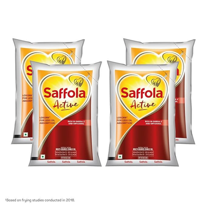 Saffola Active Refined Cooking oil | Rich in Omega 3 & Oryzanol | Multi-Source Edible Rice Bran & SoyaBean oil | 4 X 1 Litre Pouch