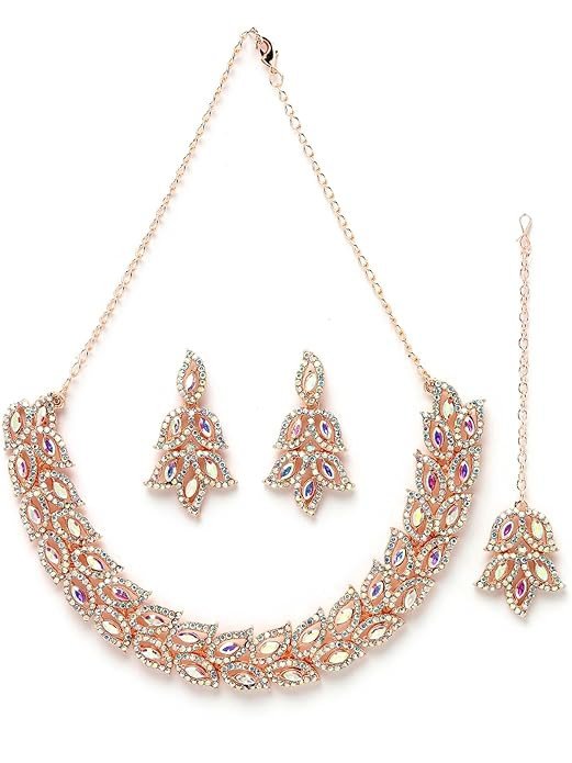 Street-Style Rose Gold Plated Rainbow Stone Collar Bone Necklace Set With Earring And Maangtika | Jewellery Set For Women (NS105599)