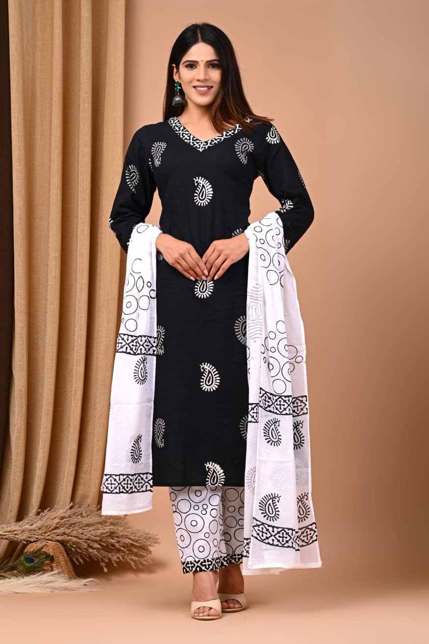 Bagru Handblock Printed Designer Cotton Suit With Mulmul Duptta - Black & White Colour | Cotton Churidar Full Set