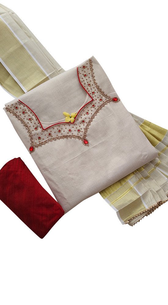 Avanika Collection's Attractive Tissue Cotton Kerala Traditional Churidar Full Set - (Tissue Dupatta With Bead Work) | Kerala Traditional Salwar Set