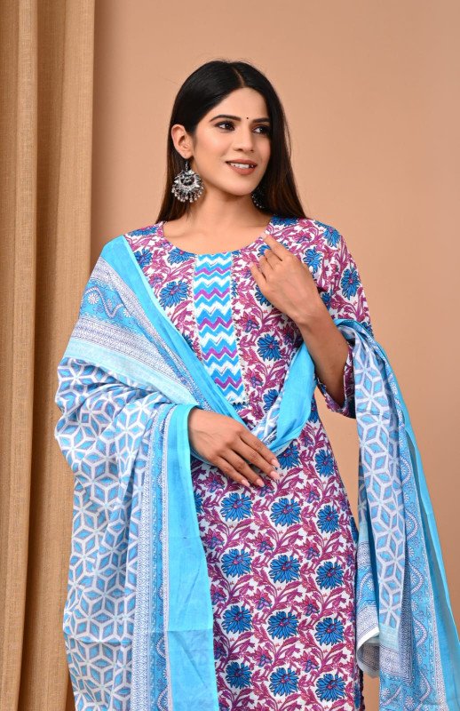 Bagru Handblock Printed Designer Cotton Suit With Mulmul Duptta - Multi  Colour