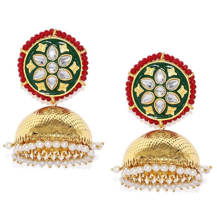 Pleasing Gold-plated Pearl Jhumki Earrings for Women (Green & Red) (E83497)