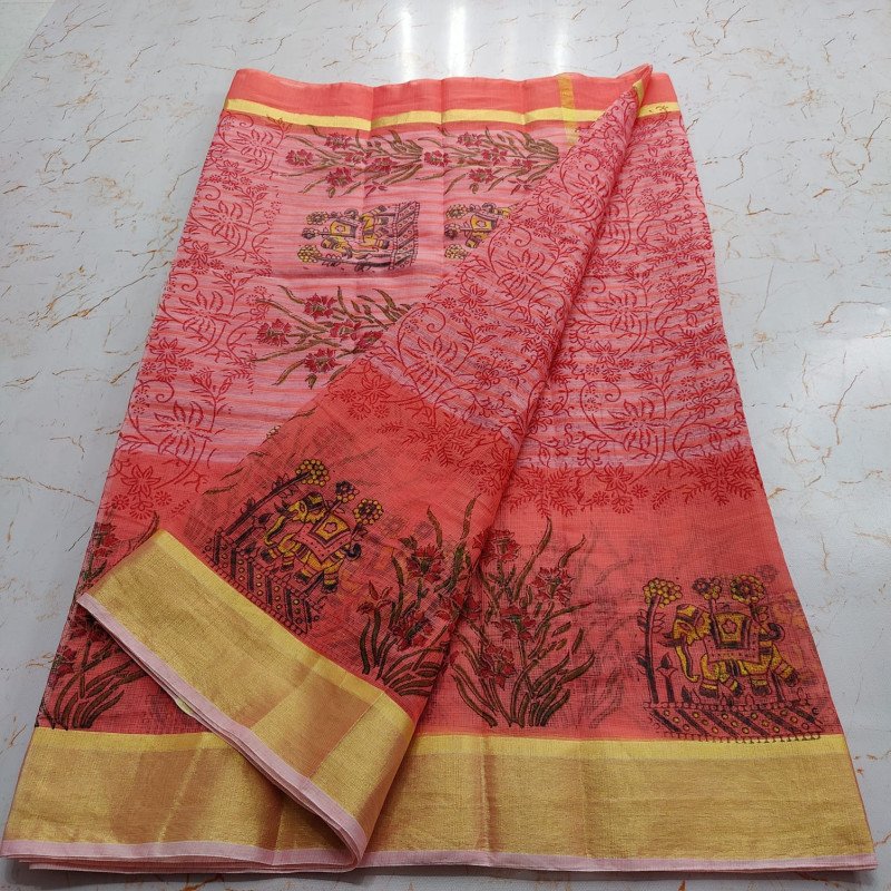 Edathal Star Collection Kota Doria Mix Cotton Block Printed Saree With Blouse - Multi Colour | Pure Cotton Saree With Blouse