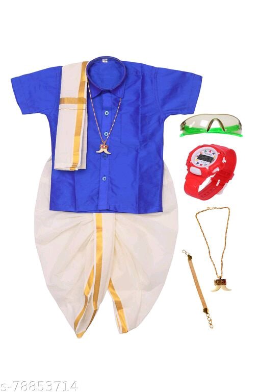 DJ Collection's Attractive Traditional Kids Silk Cotton Pyjamas Dhoti & Shirt Full Set Pack - Multicolour | Kids Pyjama With Shirt & Dhoti
