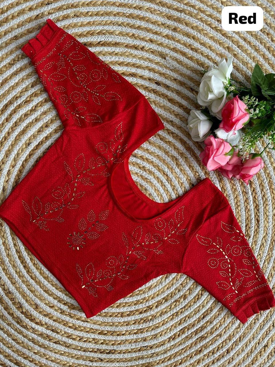 Sai Ram Textiles Fancy Sirojki Work Jhari Pushpa Designed Round Neck Lycra Stretchable Readymade Blouse - Red Colour (Stitched Blouse) | Stitched Saree Blouse