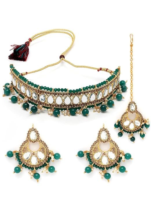 Exciting Gold Plated White Kundan & Beads Studded Choker Necklace Set For Women