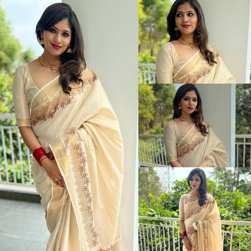 Golden zari kerala cotton saree – www.vannamayil.com