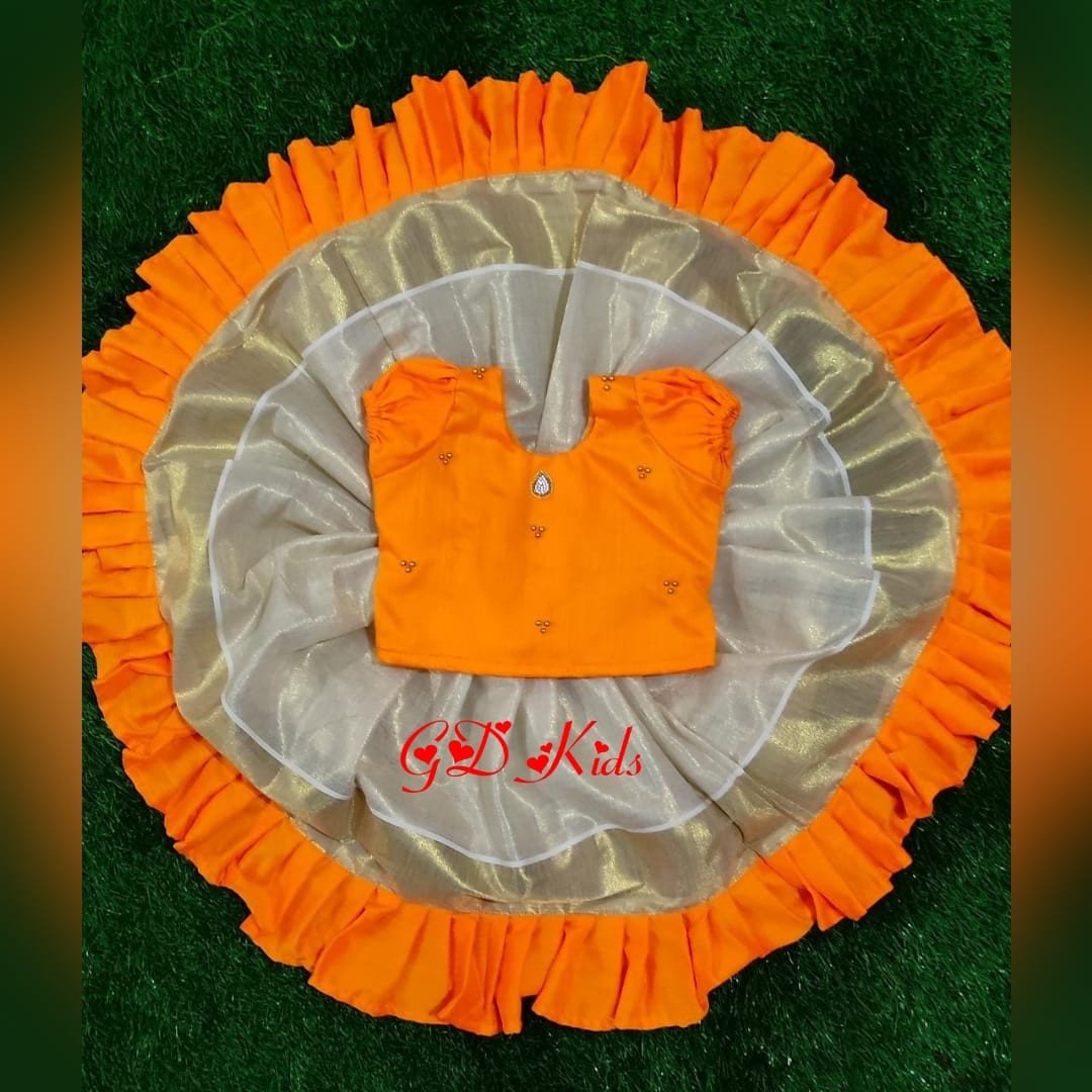 Classy Threads Collectionzz Trendy Stylish Silk Cotton Kids Skirts & Jacket - Orange & Tissue Colour | Kerala Traditional Pattupavada