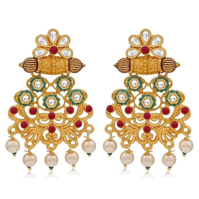 Lavish Pearl Gold Plated Kundan Mint Collection Dangle Earring for Women (SKR56875)