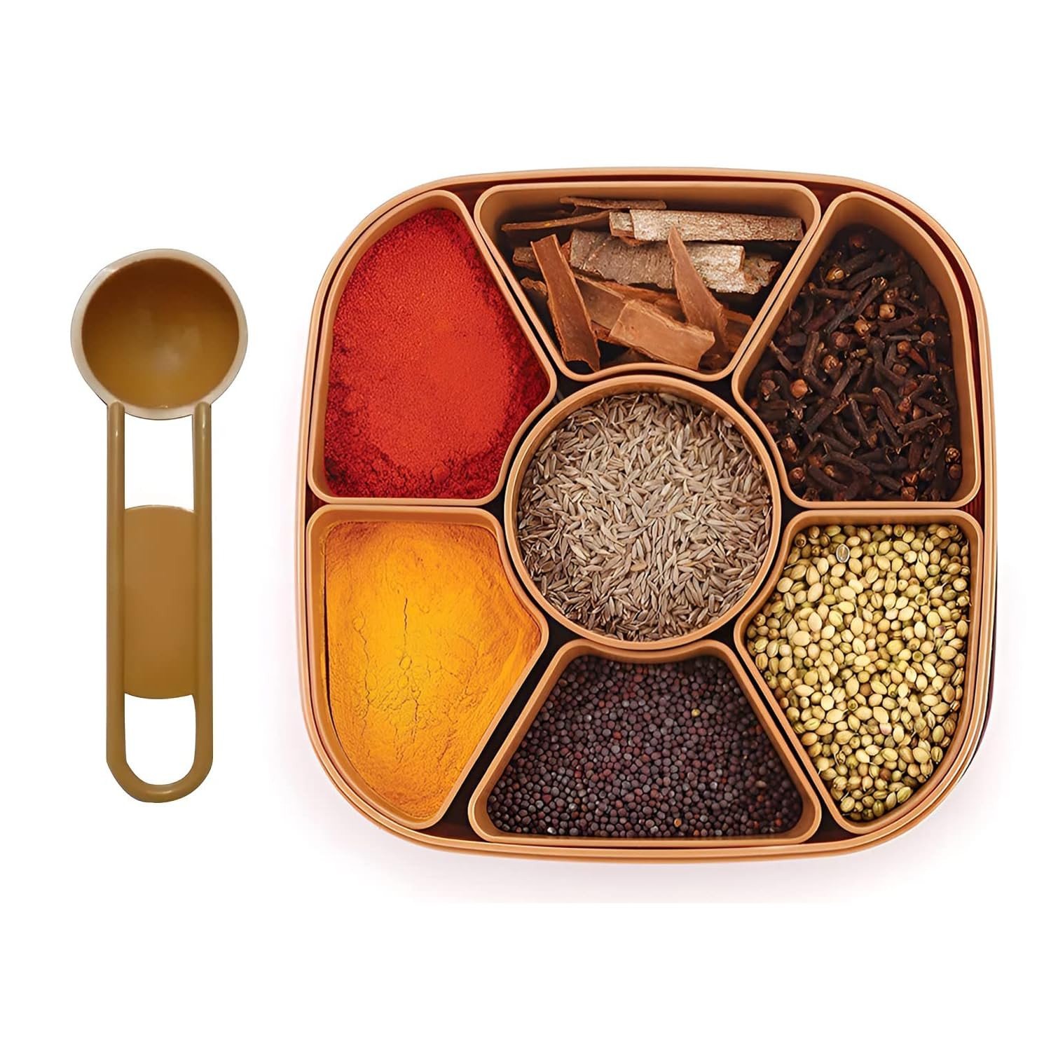 SmartGadgets Plastic Square 7 Sections Multipurpose Masala Rangoli Dabba Box Set, Spice Box Set, Compact Multi-Compartment & Durable Traditional Storage