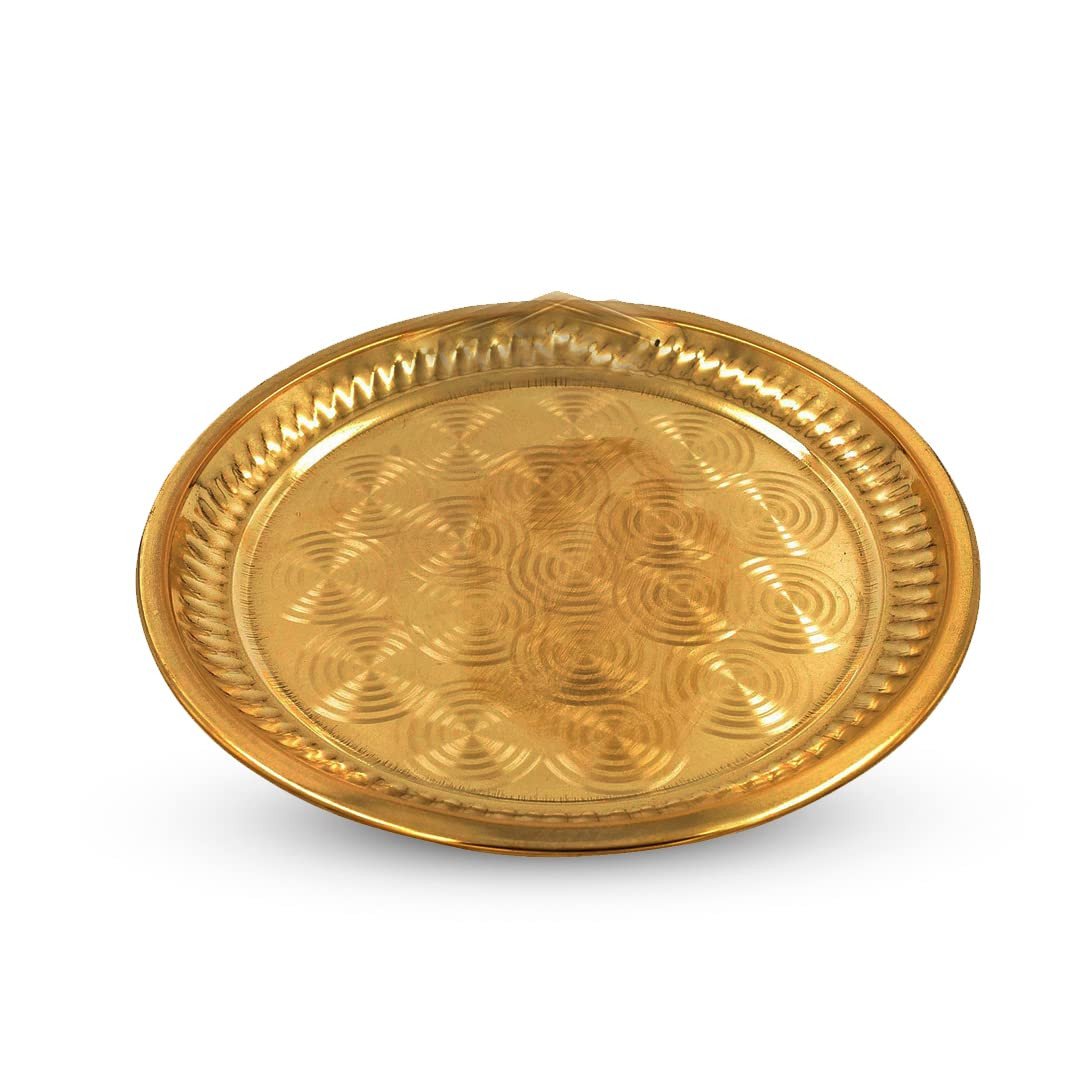 Gonaturs Traditional Handcrafted Pure Brass Pooja Plate/Pital Aarti Plate/Puja taalam/Pooja Thali/Aarti Bartan Plate for Several Occasions Like – Diwali Gifts, Handicrafts. (10 Inch Diameter)-Golden