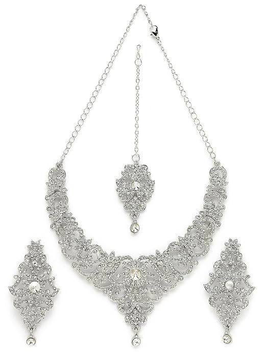 High-Fashion Rhodium Plated Silver AD White Stones Floral Collar Bone Necklace Set With Earring And Maangtika | Jewellery Set For Women (NS105612)