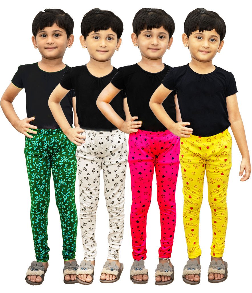 AFRA Garments Girl's Casual And Formal Stylish Ankle Length Printed Pure Cotton Leggings (Pack of 4)  | Full Length Leggings 4 in 1 (Combo)