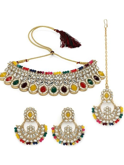 Sophisticated Bridal Looked Rani Pink Stone Studded Choker Necklace With Chandbali Earring Mangtikka Set For Women.