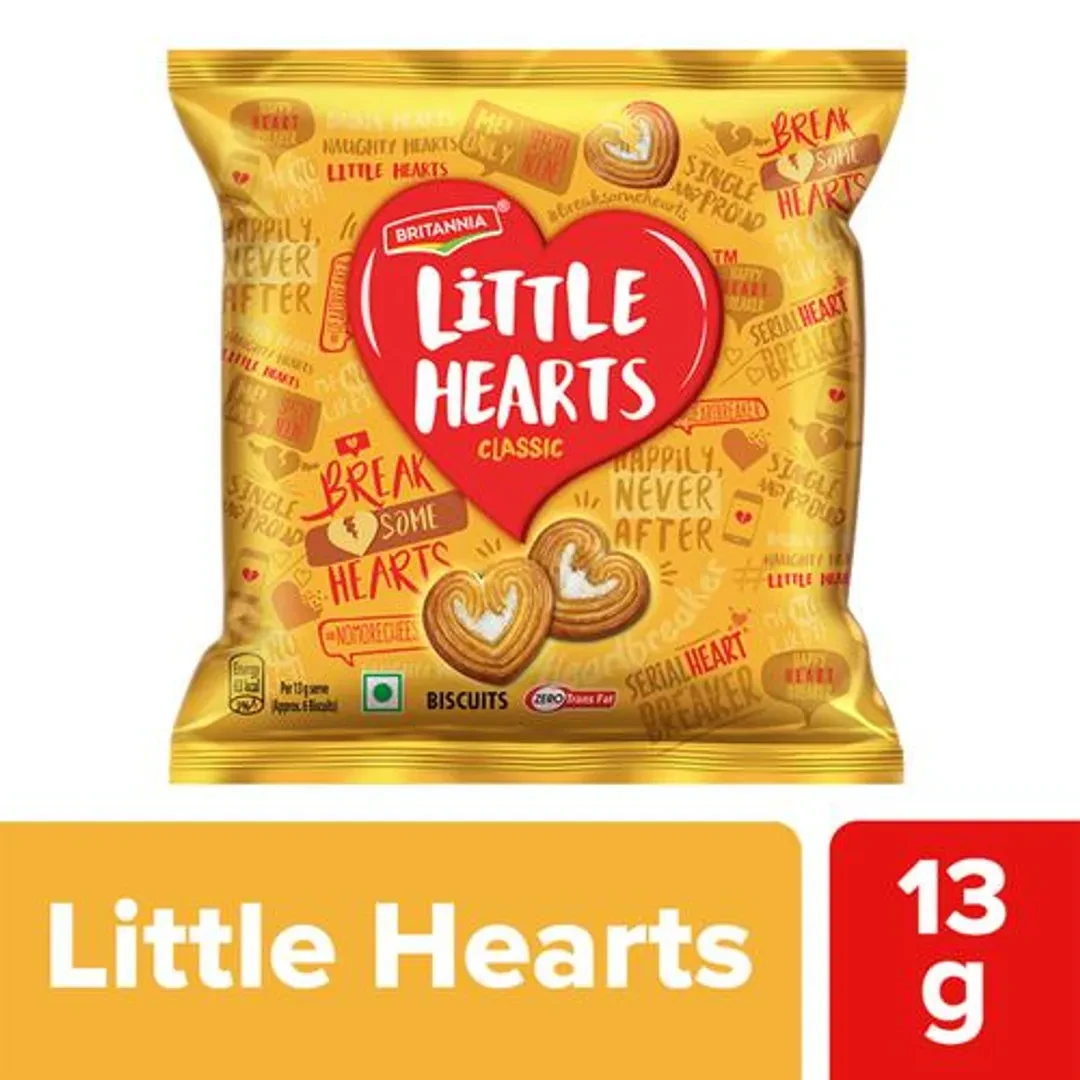 Britannia Little Hearts Biscuits - 13 g | Little Hearts Classic | little heart-shaped biscuits with a crumbly texture and sugar crystals