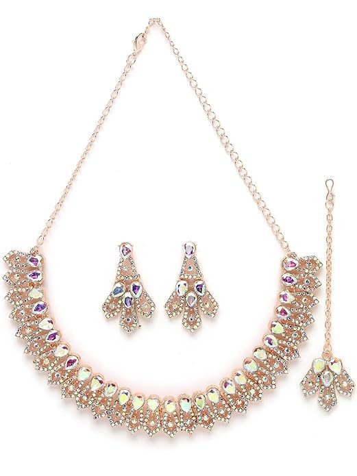 Glam Rose Gold Plated Rainbow Stones Collar Bone Necklace Set With Earring And Maangtika | Jewellery Set For Women (NS105674)