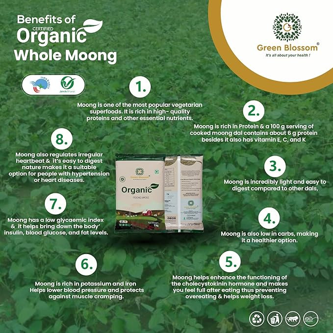 Green Blossom Natural & Organic Moong Sabut ( Green Gram Whole) - 1 Kg | Rich in Protein | No Cholesterol | No Additives