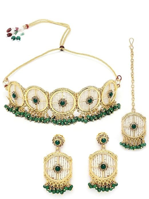 Sukkhi Charming Circular Gold Toned Plated Necklace Set With Earring And Maangtika | Jewellery Set For Women.