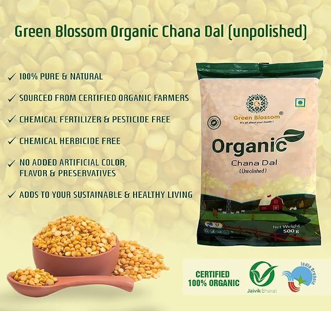 Green Blossom Fresh Natural & Organic Chana Dal (Whole) - 500g | Unpolished and Gluten Free Dal | 100% Organic | 100% Vegan 500g