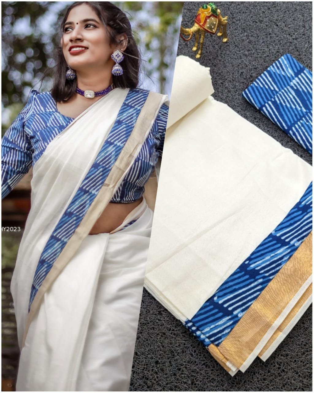 Kuthampully Handloom Cotton Set Mundu with 4 Inch Multicolour Kasavu B–  CultureShoppe