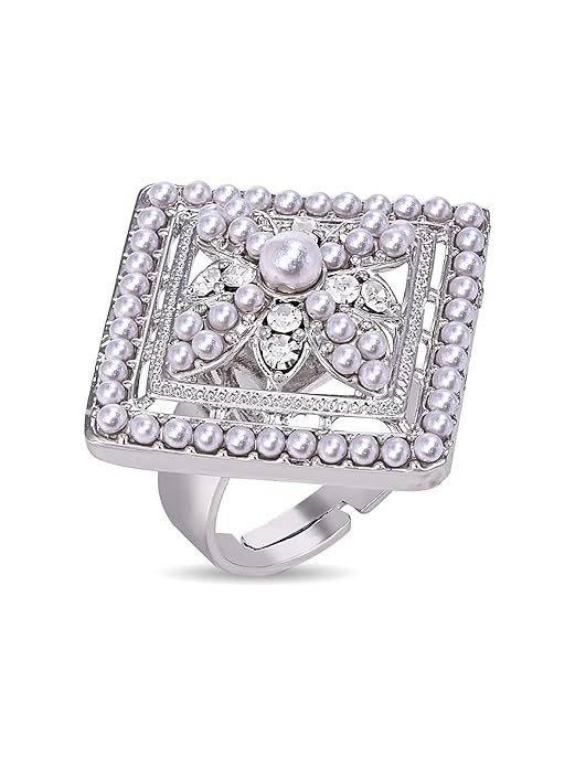 Stylish Rhodium Plated Silver AD Stone with Pearl Studded Adjustable Square Shaped Free Size Finger Ring Jewellery For Women (LR104961)