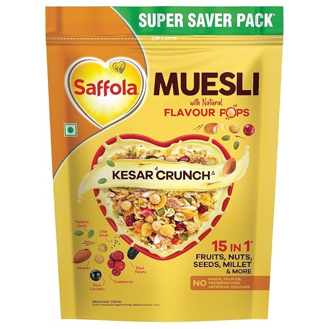 Saffola Muesli Kesar Crunch with Flavour Pops, 700 gm | 15 in 1 Fruit and Nuts, Seeds, Millet & more | Cereals for breakfast rich in wholegrain, protein, fibre