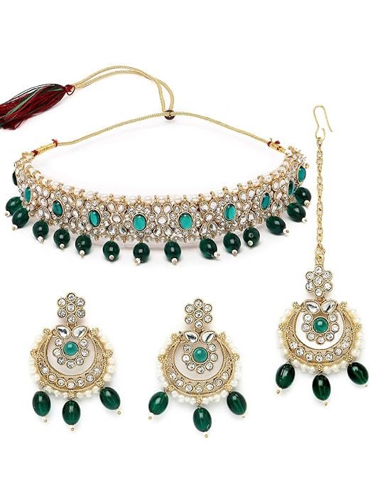 Traditional Style Gold Plated Kundan & Beads Choker Necklace Set With Earring And Maangtika | Jewellery Set For Women