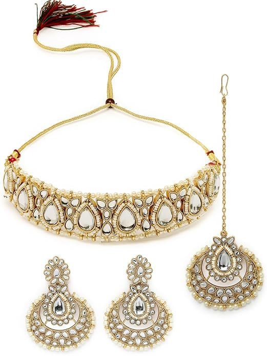 Drop Shaped White Kundan & Beads Studded Choker Necklace Set For Women.