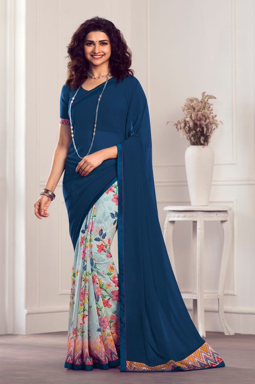 Attractive Georgette Half & Half Printed Pattern With Plain Blouse - Multicolour | Georgette Saree With Blouse