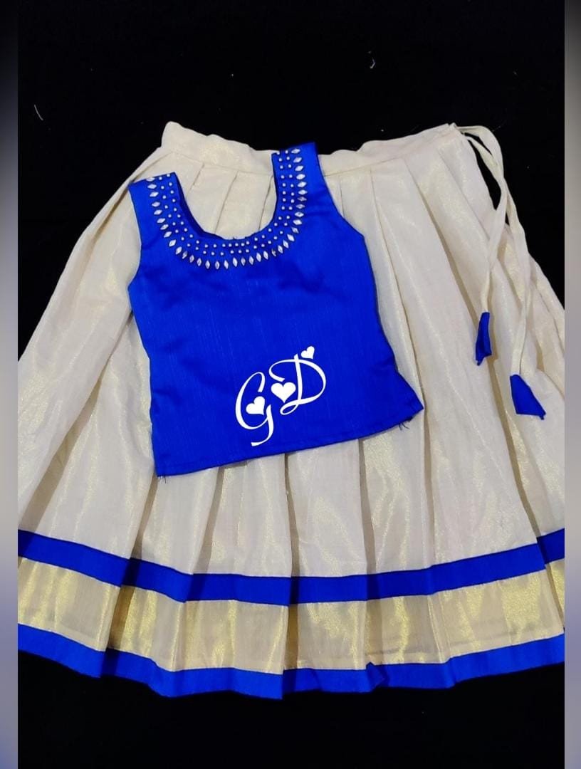 Classy Threads Collectionzz Trendy Stylish Silk Cotton Kids Skirts & Jacket - Blue & White Colour | Kerala Traditional Pattupavada