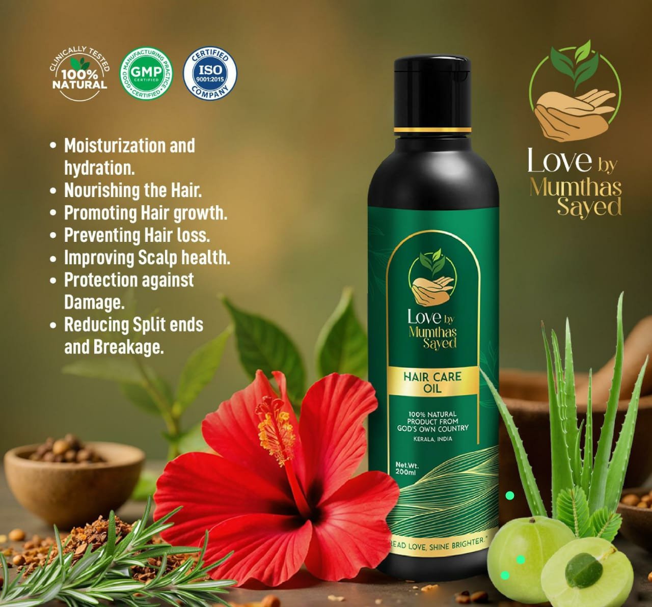 Hair Care Oil 200ml | Love by Mumthas Sayed | ⁠100% Natural Hand Made Skin Care Oil | ⁠Inspired from Ayurvedic Dermatology | ⁠VARNYA GANA herbs | Thriphala