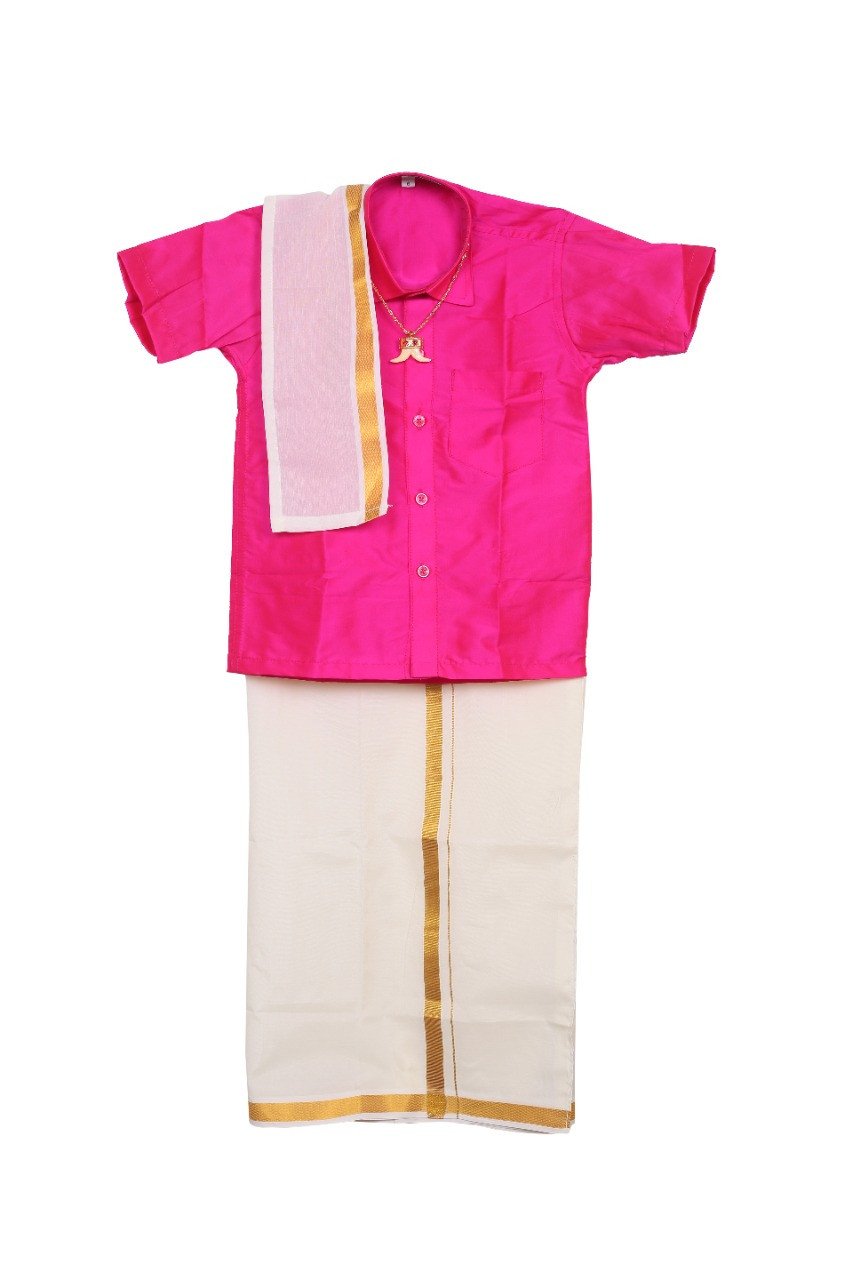 DJ Collection's Kids Attractive Traditional Premium Quality Silk Cotton Shirt-Dhoti-Towel Full Set With Free Ornaments - Multicolour | Kids Traditional Ethnic Wear