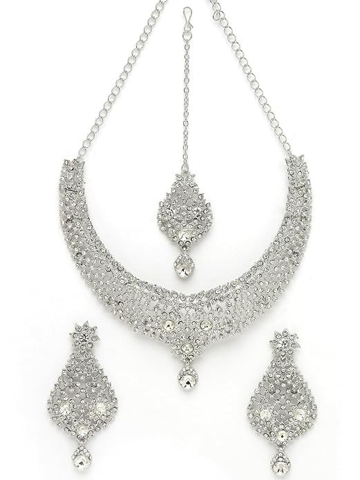 Sukkhi Geometric Rhodium Plated Silver AD White Stone Collar Bone Necklace Set With Earring And Maangtika | Jewellery Set For Women (NS105668)