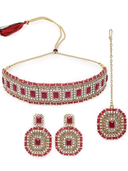 Sukkhi Decent Traditional Green Kundan & Beads Studded Choker Necklace Set For Women.