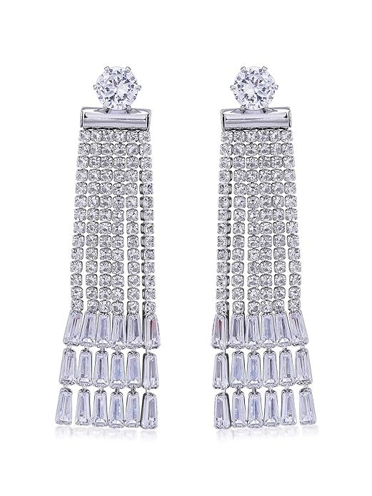 Elegant Sparkling Rhodium Plated White AD Stones Studded Multi Layered Long Dangler Earrings | Western Fashion Jewellery For Women (E104960