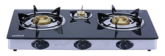 Sanford Heat Resistant Glass Gas Stove 3 Burner With Auto Ignition | SF5362GC 3B | Black Colour