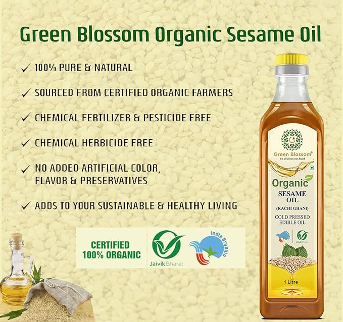 Green Blossom Natural & Organic Sesame Oil ( 1 Litre ) | Oil Cold Pressed | Cooking Oil | 100% Pure & 100% Natural | Healthy Cooking Oil