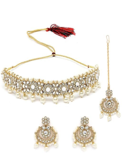 Traditional Style Gold Plated Kundan & Beads Choker Necklace Set With Earring And Maangtika | Jewellery Set For Women.