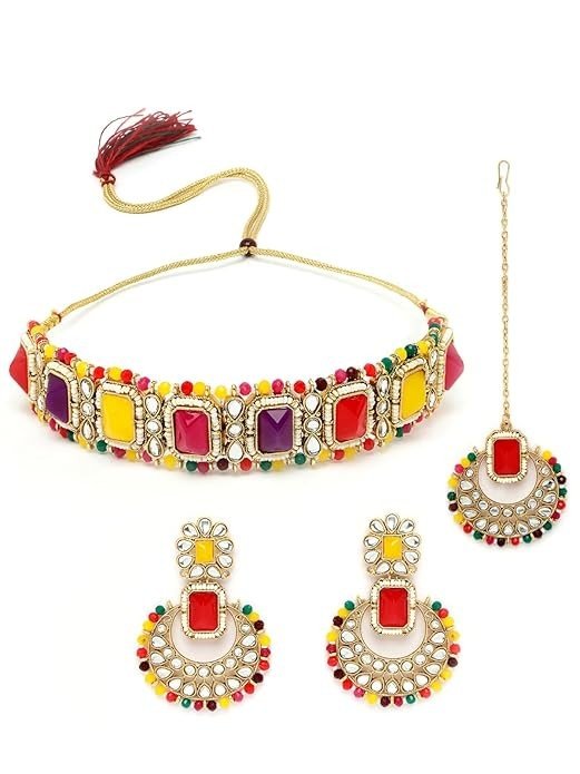 Sukkhi Affordable Squared Style White Kundan & Beads Studded Choker Necklace Set For Women.