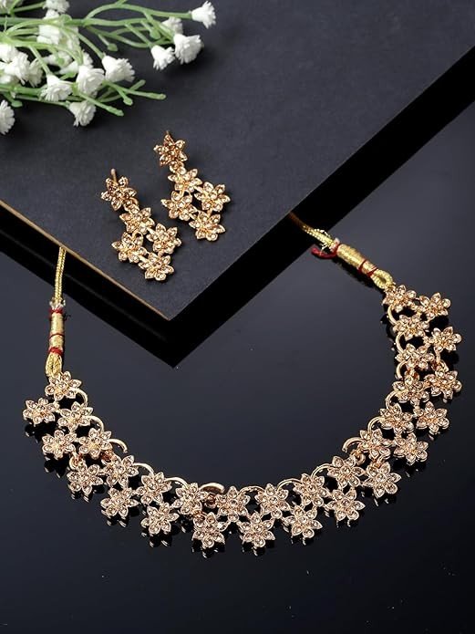 Sukkhi Admirable Gold Plated Gold AD Stone Floral Collar Bone Necklace Set And Earring | Jewellery Set For Women (NS105516)