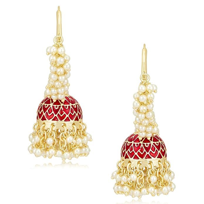 Charming Pearl Gold Plated Meenakari Jumki Earring Set for Women (SKR85641), Maroon, One Size.