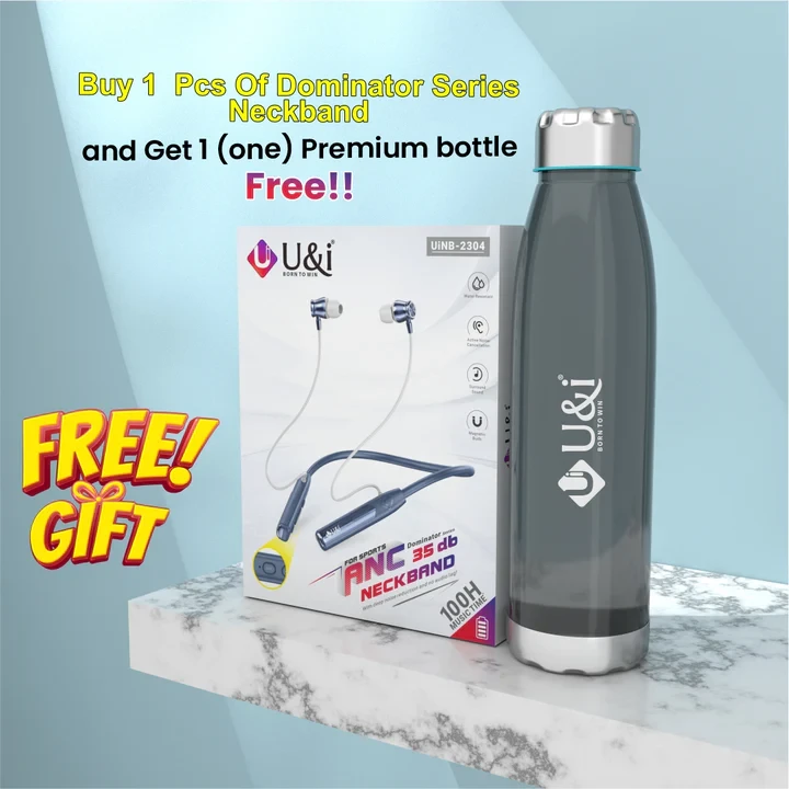 U&i Dominator Series 100 Hours Music Time Bluetooth Neckband with ANC & One Premium Bottle.